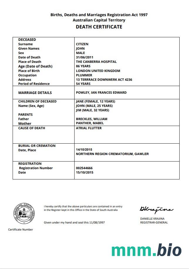 Australia Australian Capital Territory śmierć certyfikat szablon in Word